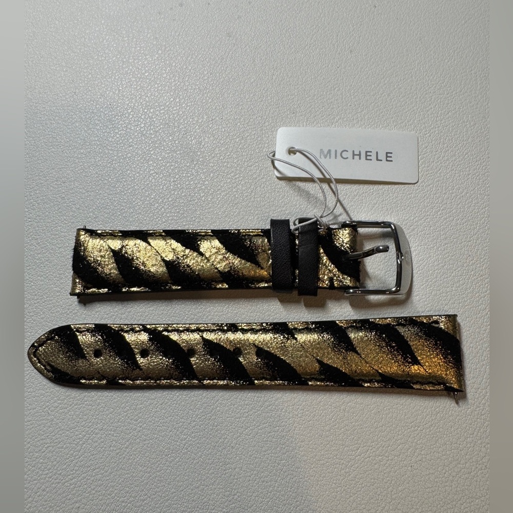 NWT Michele 18mm Black and Gold Leather Watch Strap Band